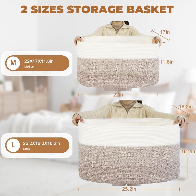 danpinera 108L Large Blanket Basket for Living Room  Woven Storage Basket with Leather Handles  Cotton Rope Storage Organization in Nursery for Toys & Clothes 25 ''* 16 ''*16 ''  Gradient Brown - Image 5